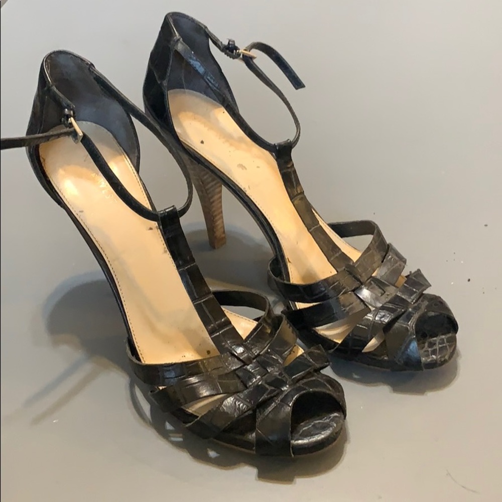 Nine West Crocodile Print T-Strap Peep Toe Heels